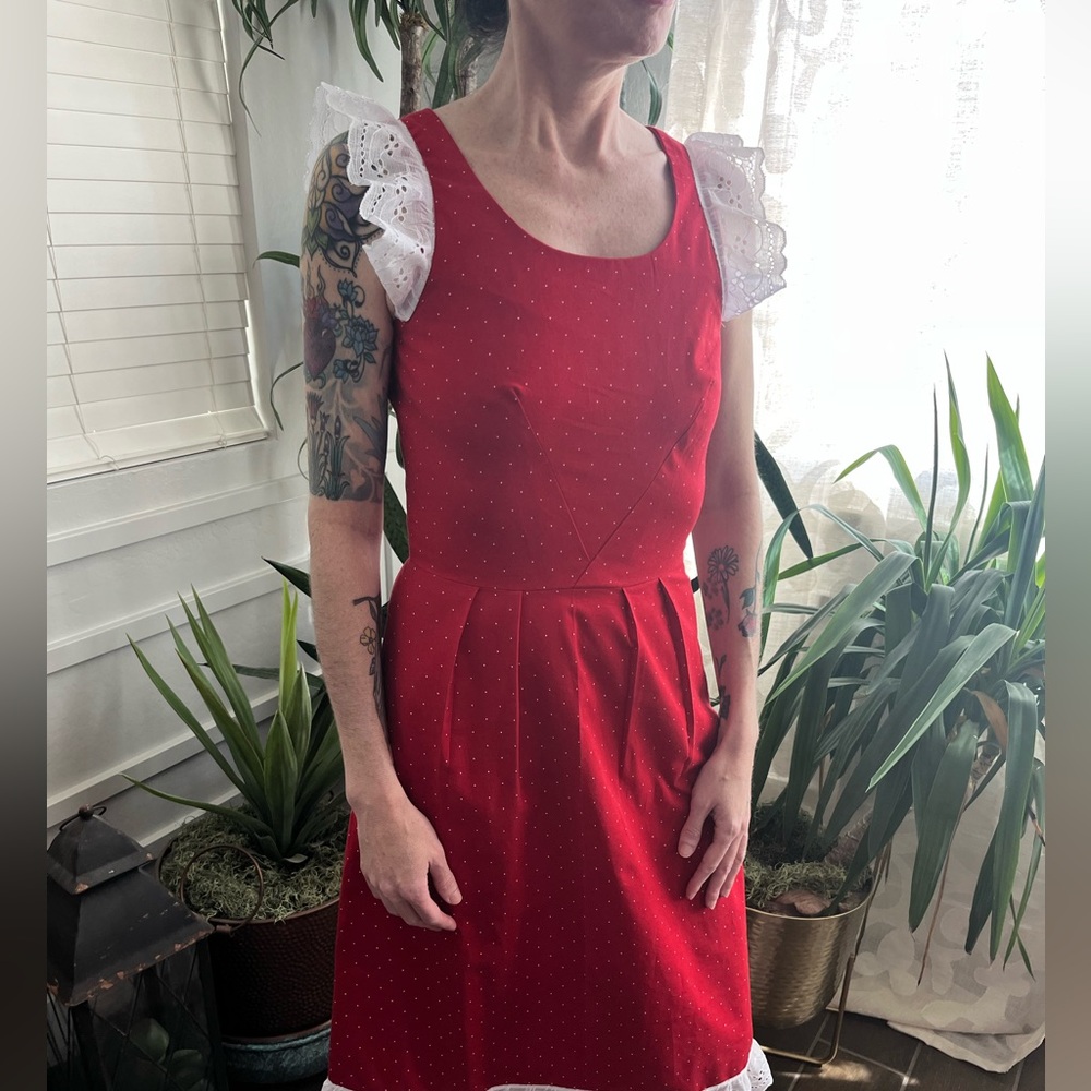 Vintage pin up lace sleeve polka dot fitted dress great condition - Picture 6 of 10